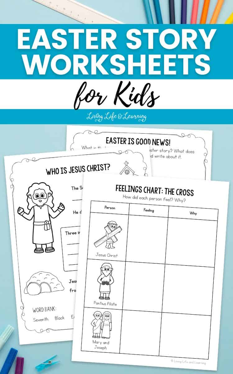 Easter Story Worksheets for Kids on a table