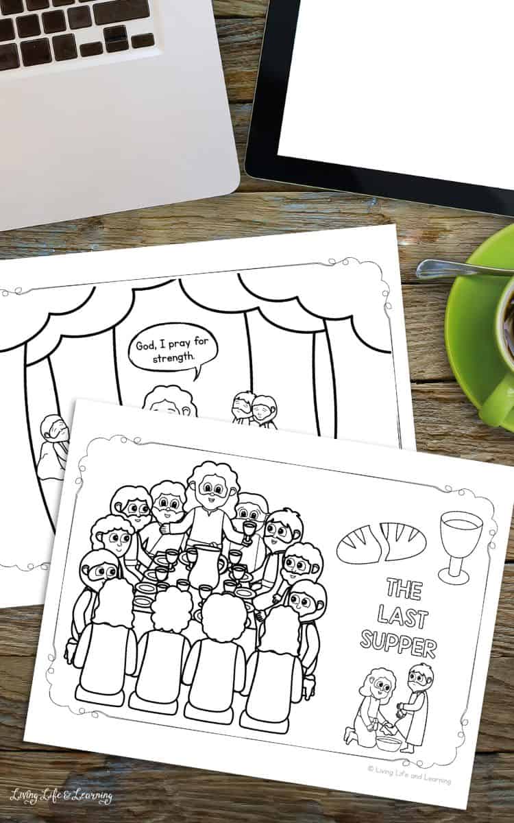 Easter Story Coloring Pages for Kids on a table