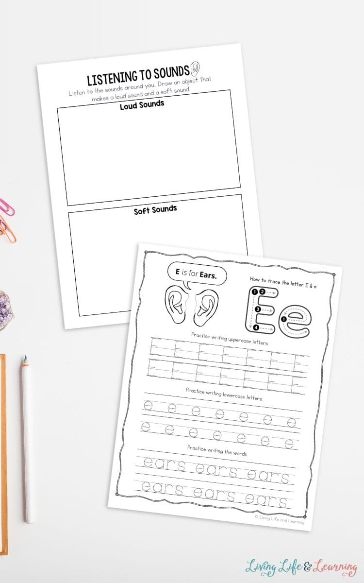 two Ear Worksheets for Kindergarten on a table
