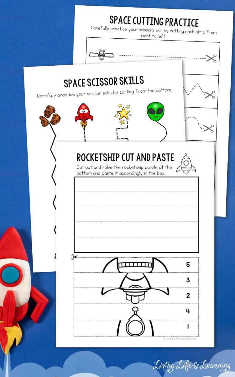 three pages of Space Cut and Paste Worksheets