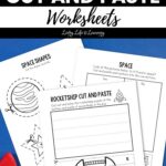 pages of Space Cut and Paste Worksheets on a table