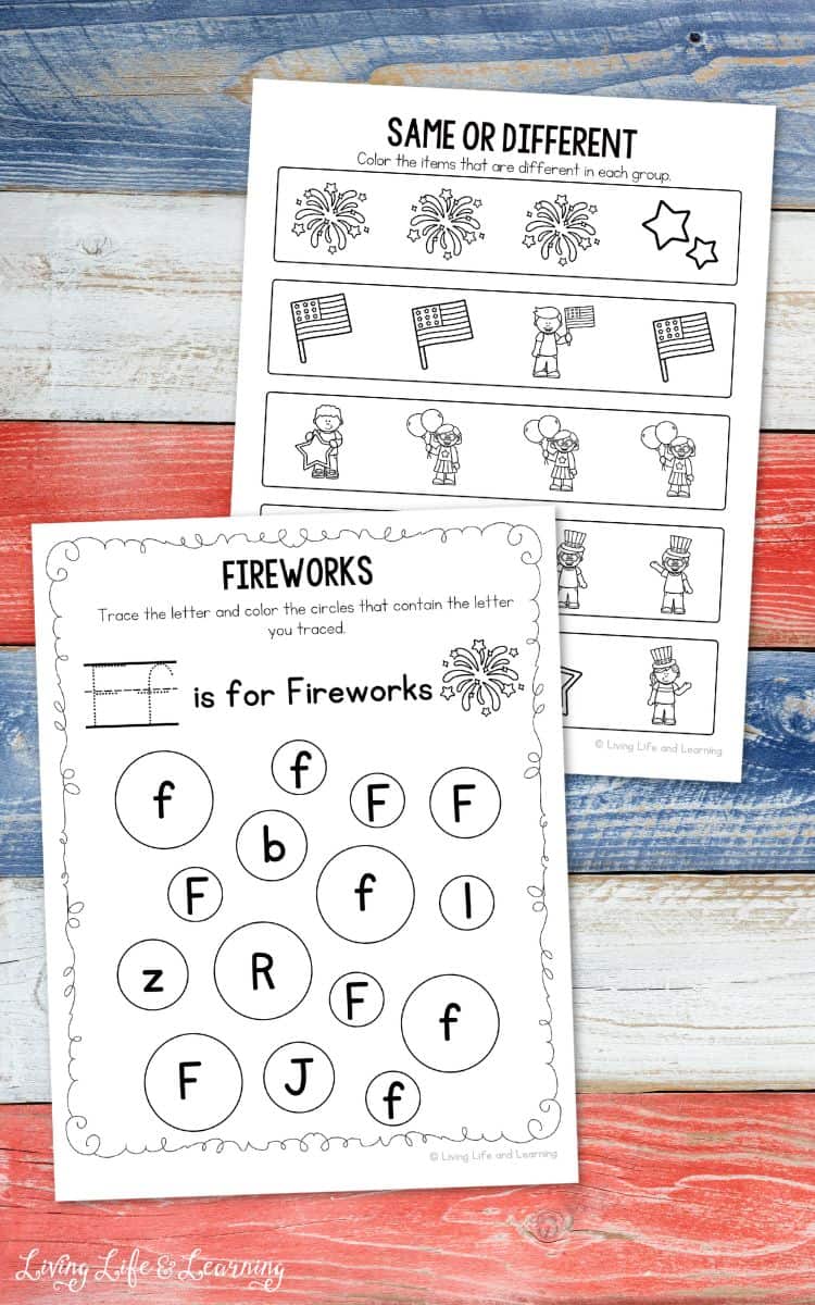 two activities included in the 4th of July Worksheets for Preschool