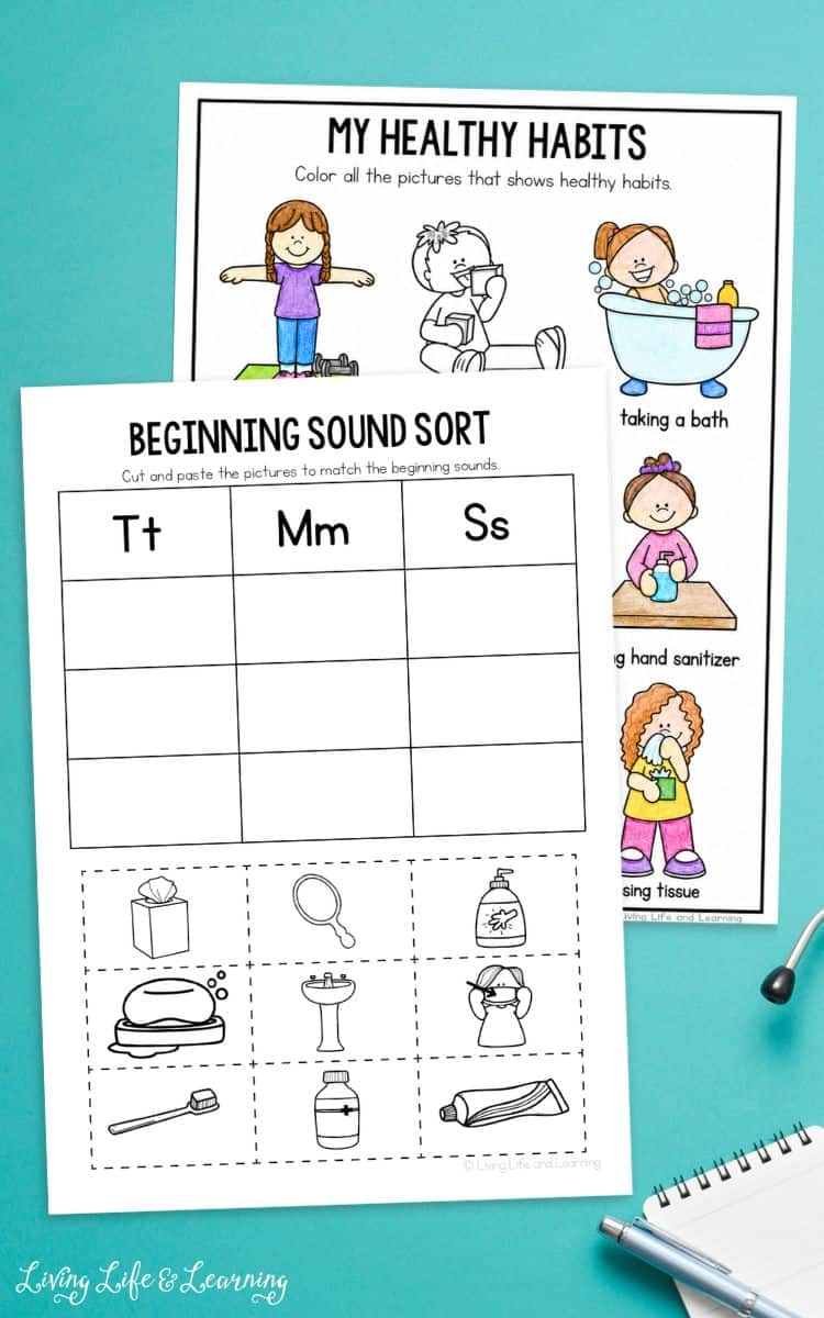 sorting and coloring activity pages of Health Worksheets for Preschool