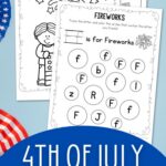 three 4th of July Worksheets for Preschool on a table