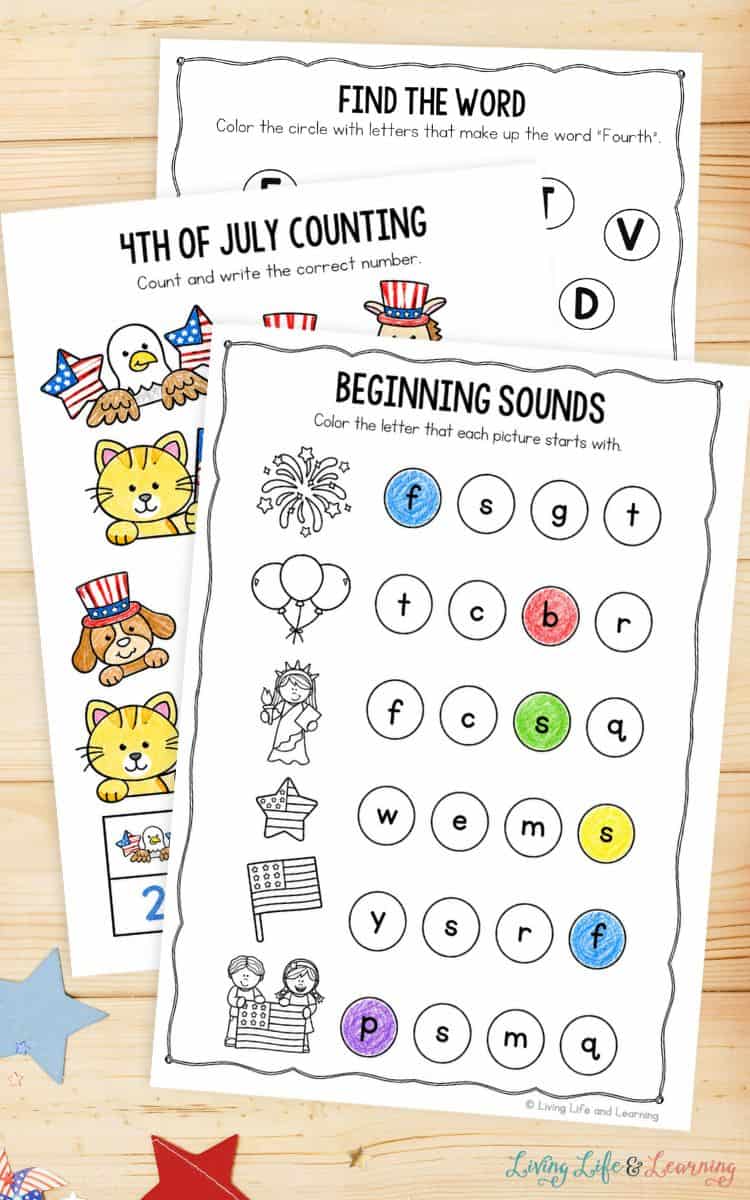 beginning sounds and two other pages of 4th of July Worksheets for Kindergarten on a table