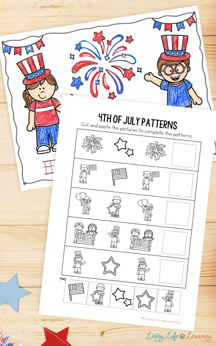 cut and paste activity plus coloring page of 4th of July Worksheets for Kindergarten on a table
