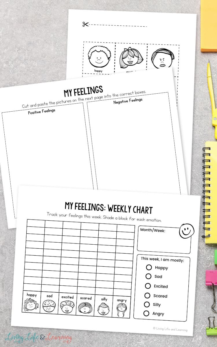 pages of Feelings Chart for Kindergarteners on a table
