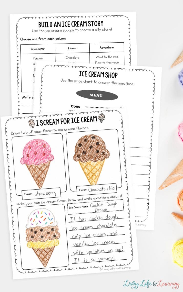 pages of Ice Cream Worksheets for Elementary on a table