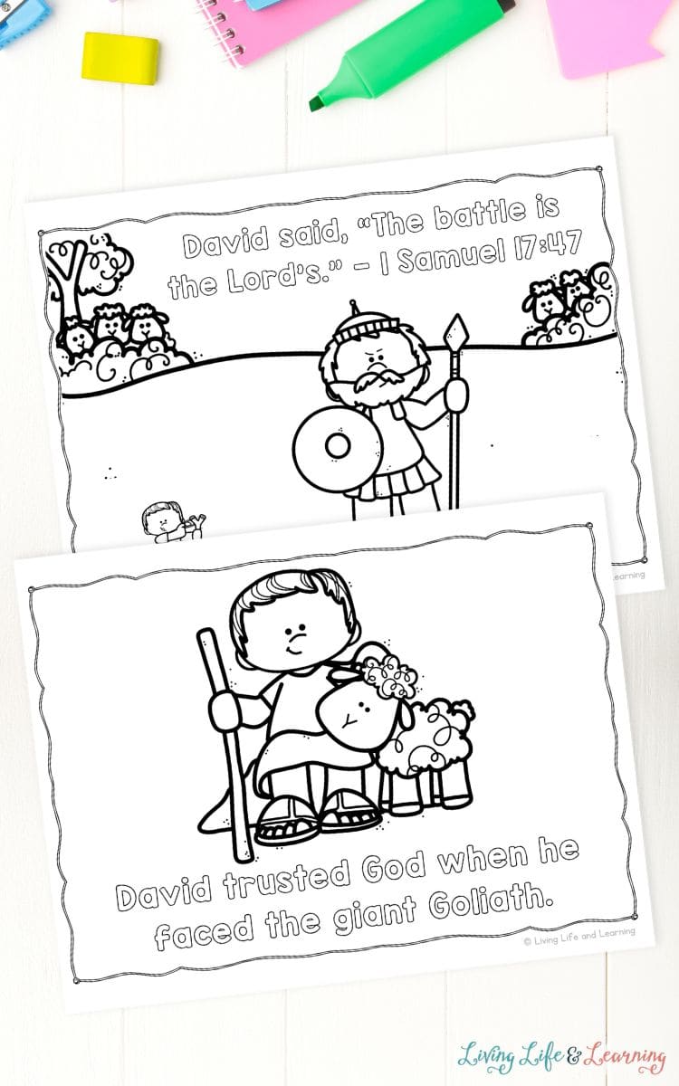 David and Goliath Coloring Page with Bible Verse on a table