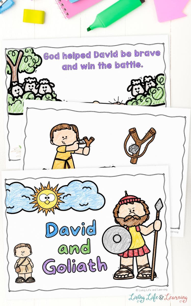 David and Goliath Coloring Page with Bible Verse on a table