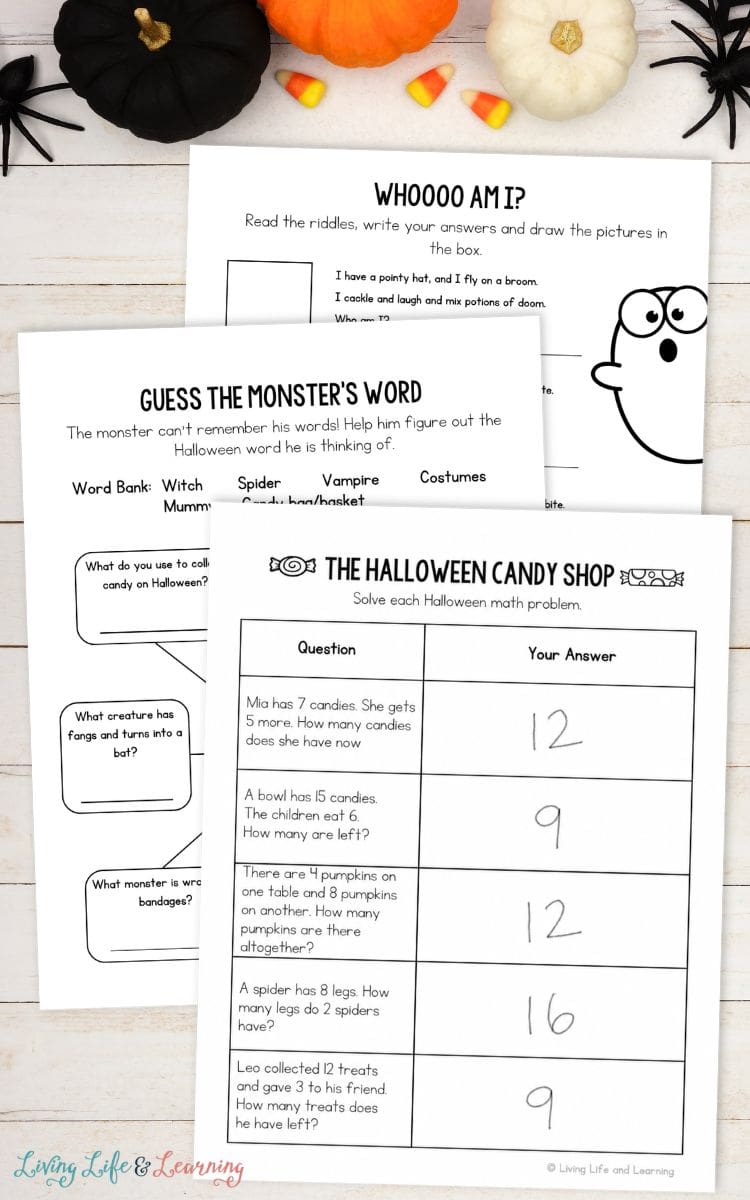 pages included in the Halloween Worksheets for Elementary